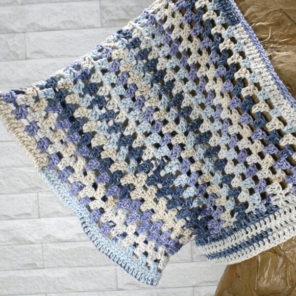 HAND CRAFTED Cardigan Sweater Cropped Crochet Striped Blue Denim Granny Square - Picture 3 of 11